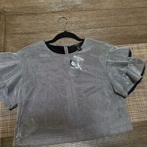 Forever 21 Metallic Silver Puff Sleeve Crop Top
